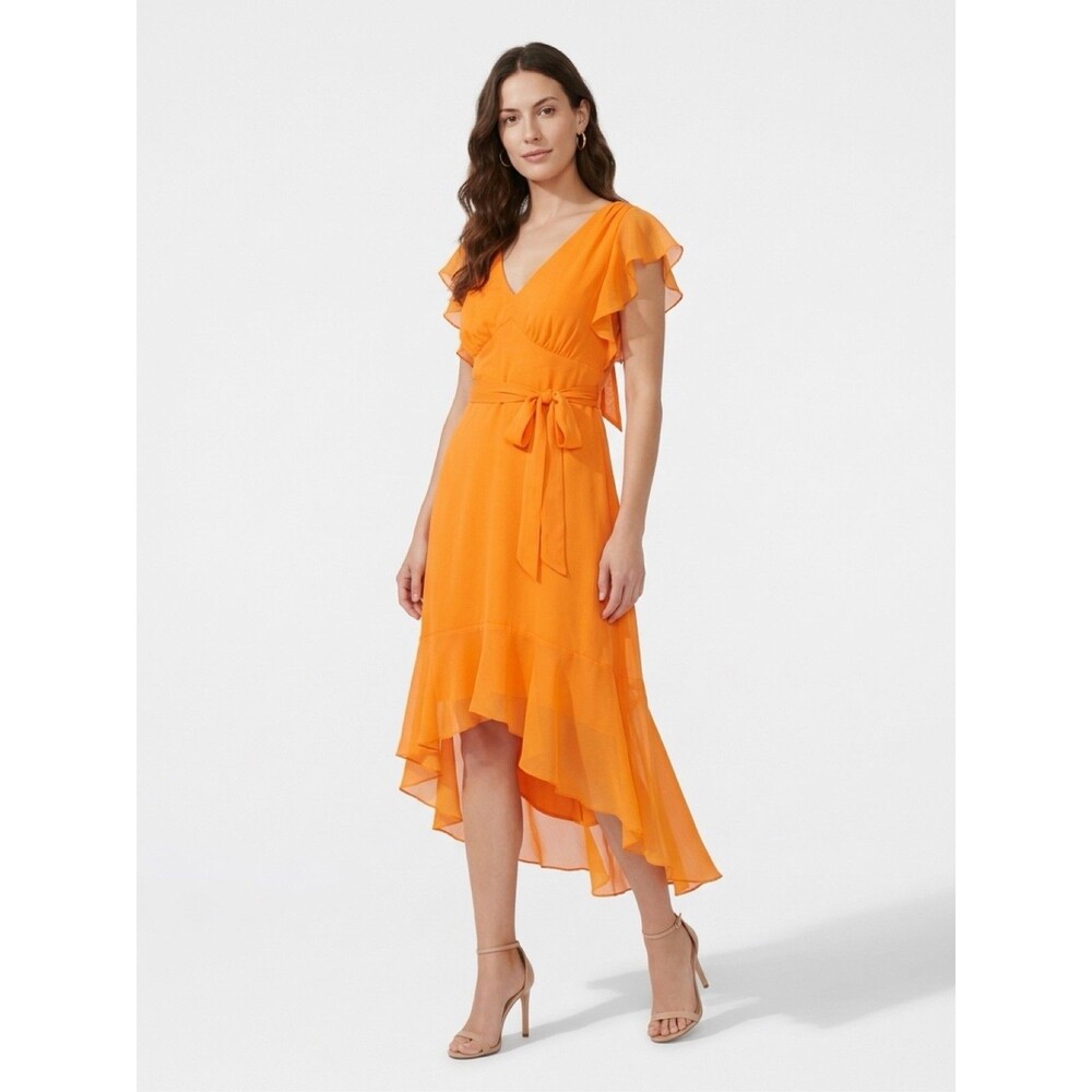 New Womens Orange Flutter Sleeve High Low Ruffle Midi Dress Tie Waist Large